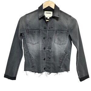 L'Agence Janelle Slim Cropped Denim Jean Jacket Womens XS Vintage Black Raw Hem‎